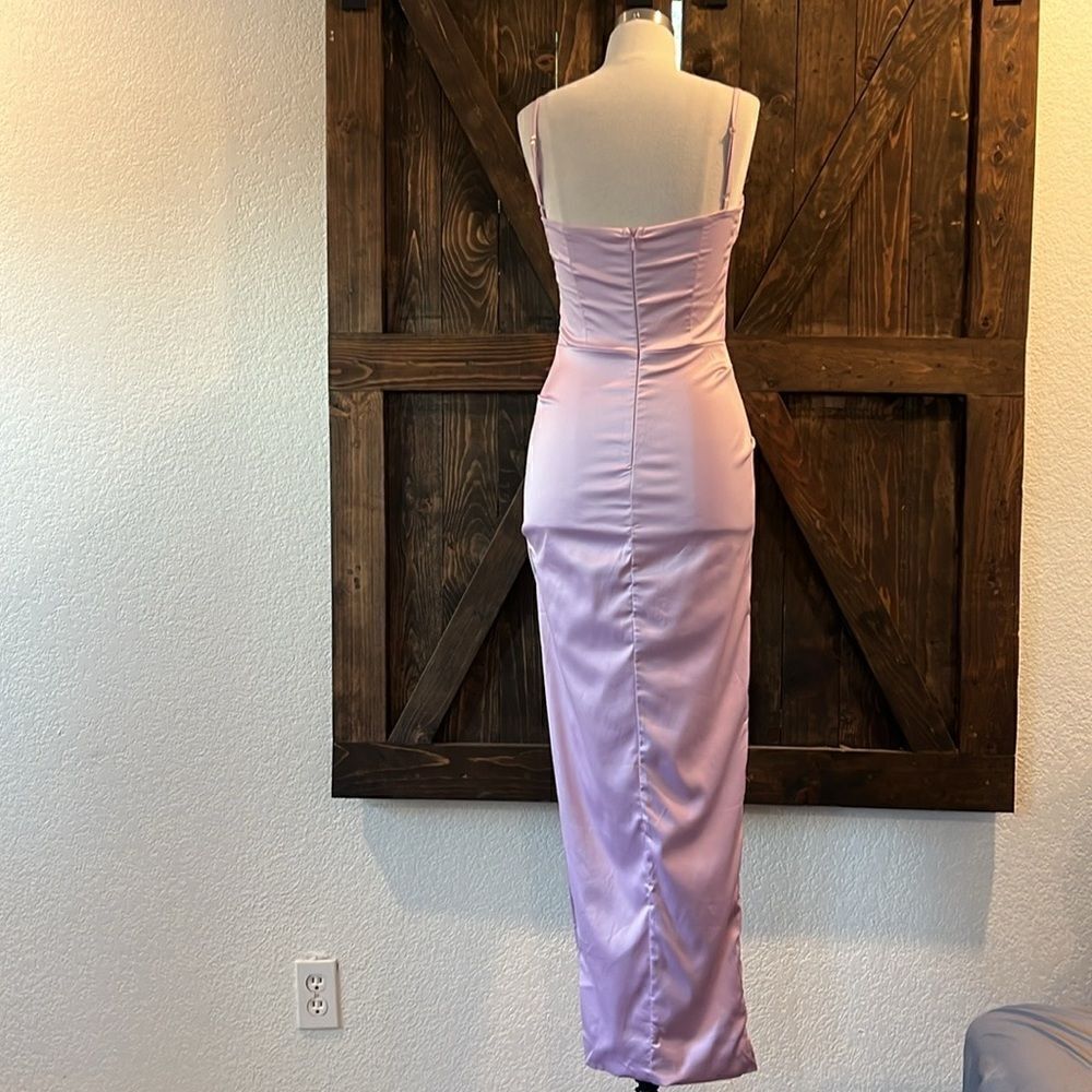 NWT Satin Dress Spaghetti Strap Backless Ruched Bodycon Split Maxi Elegant Dress - Picture 8 of 13